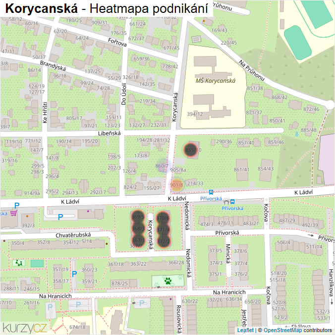 Mapa Korycanská - Firmy v ulici.