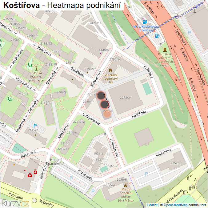 Mapa Koštířova - Firmy v ulici.