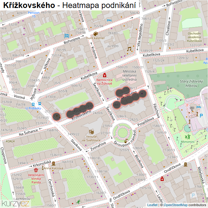 Mapa Křížkovského - Firmy v ulici.