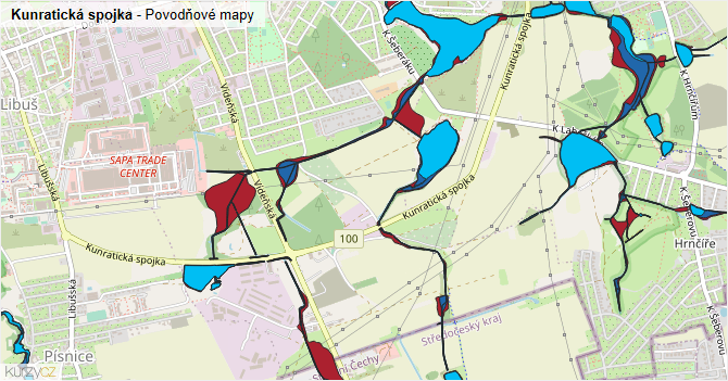 Kunratická spojka - záplavové mapy stoleté vody