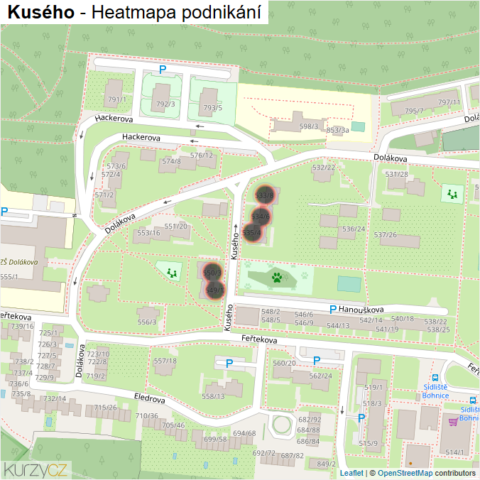 Mapa Kusého - Firmy v ulici.
