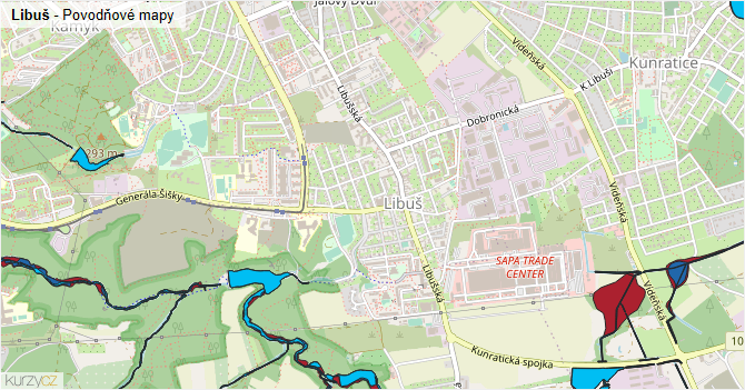 Libuš - záplavové mapy stoleté vody