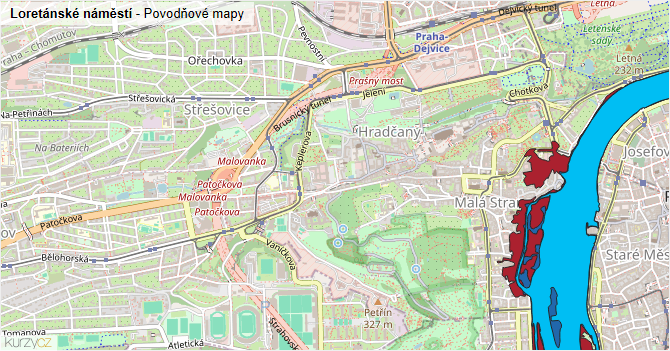 Loretánské náměstí - záplavové mapy stoleté vody