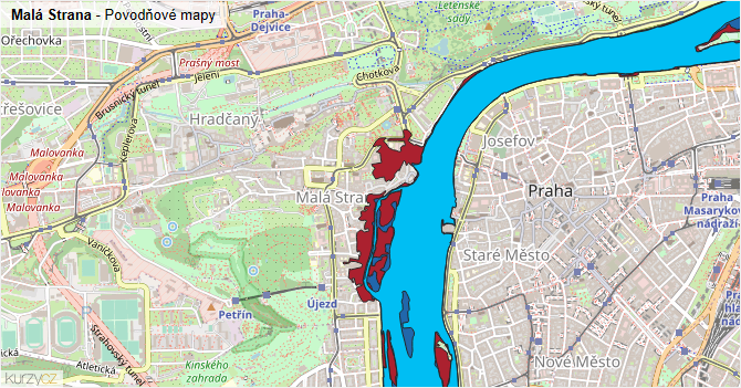 Malá Strana - záplavové mapy stoleté vody