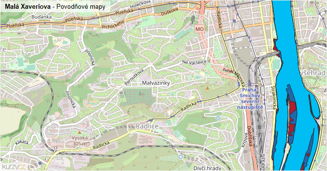 Malá Xaveriova - záplavové mapy stoleté vody