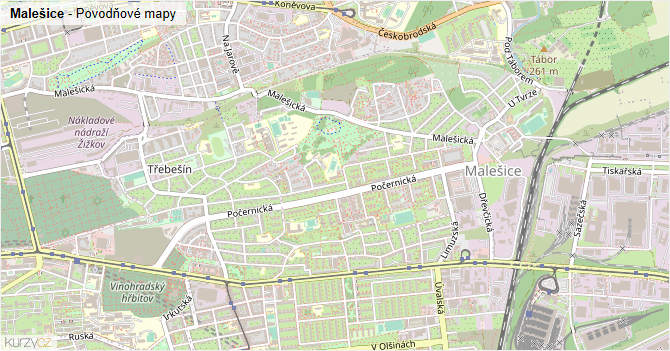 Malešice - záplavové mapy stoleté vody
