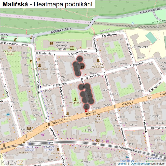 Mapa Malířská - Firmy v ulici.