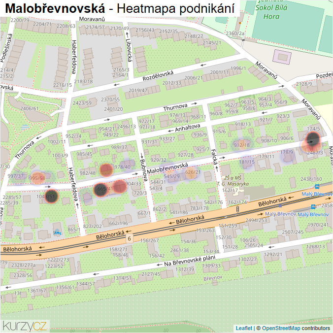 Mapa Malobřevnovská - Firmy v ulici.