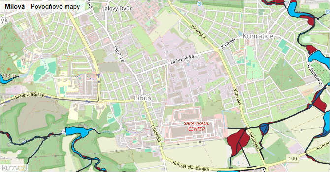 Mílová - záplavové mapy stoleté vody