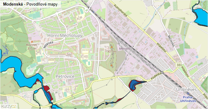 Modenská - záplavové mapy stoleté vody