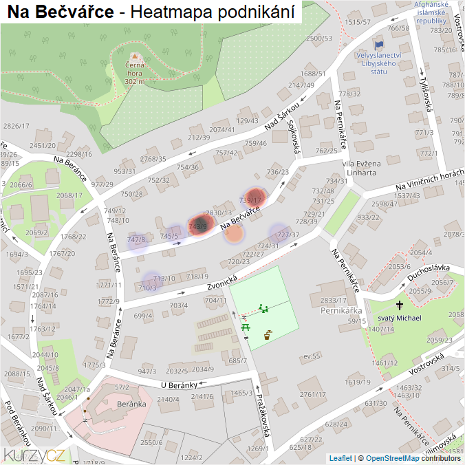 Mapa Na Bečvářce - Firmy v ulici.