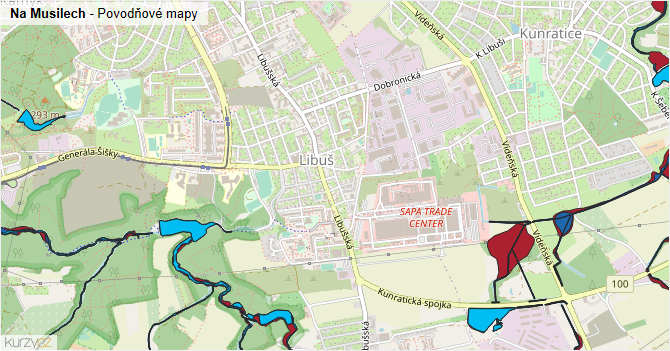 Na Musilech - záplavové mapy stoleté vody