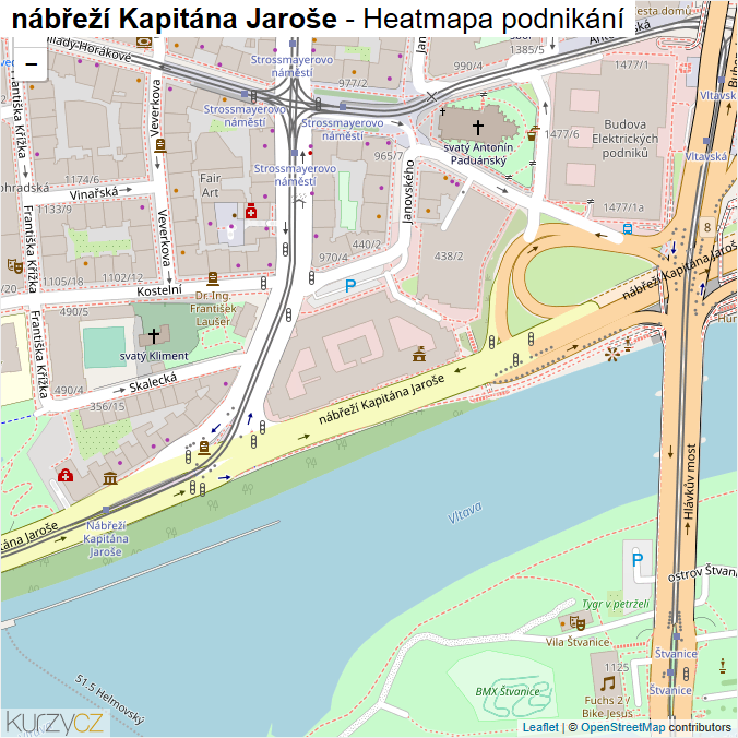 Mapa nábřeží Kapitána Jaroše - Firmy v ulici.