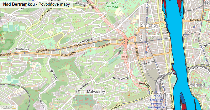 Nad Bertramkou - záplavové mapy stoleté vody