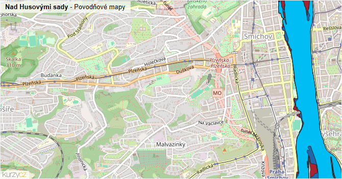 Nad Husovými sady - záplavové mapy stoleté vody
