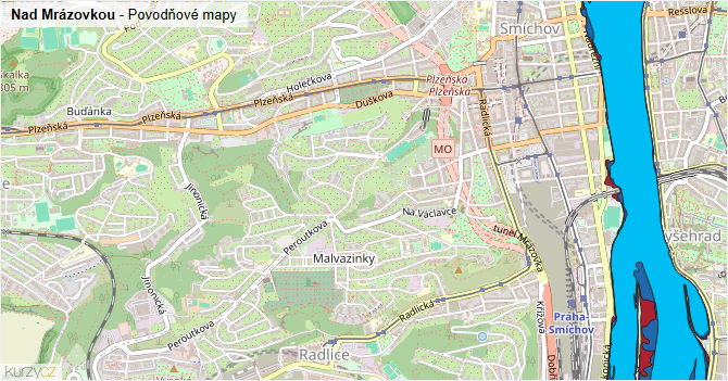 Nad Mrázovkou - záplavové mapy stoleté vody