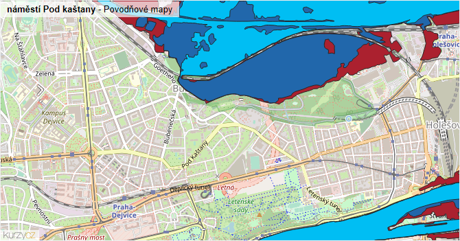 náměstí Pod kaštany - záplavové mapy stoleté vody