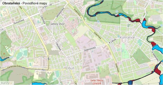 Obrataňská - záplavové mapy stoleté vody