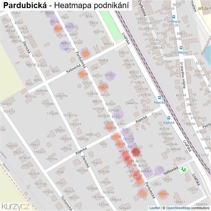 Mapa Pardubická - Firmy v ulici.