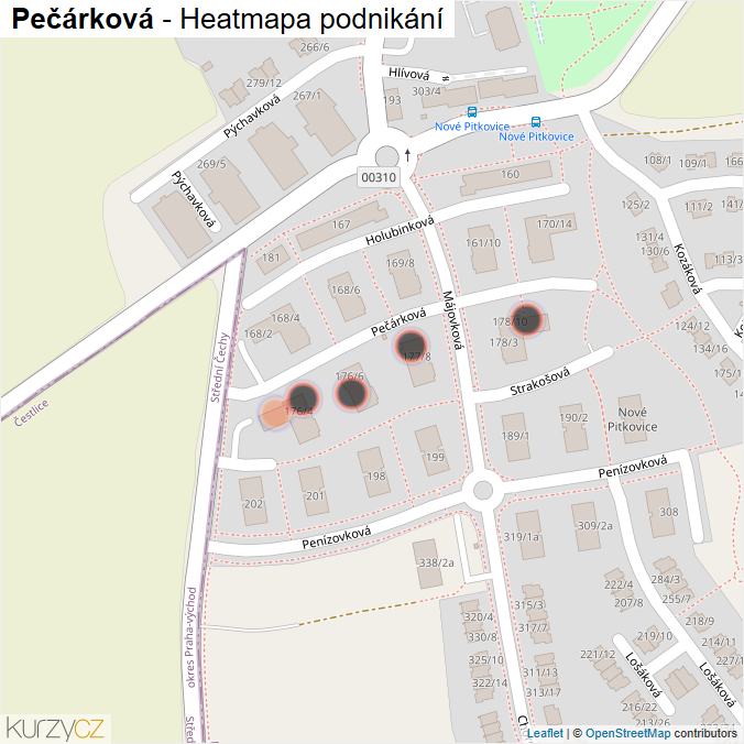 Mapa Pečárková - Firmy v ulici.