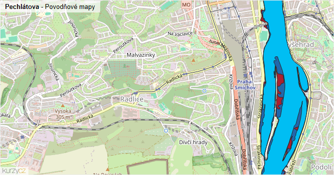 Pechlátova - záplavové mapy stoleté vody