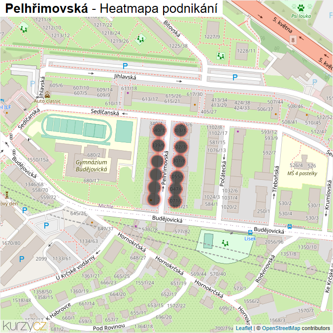 Mapa Pelhřimovská - Firmy v ulici.