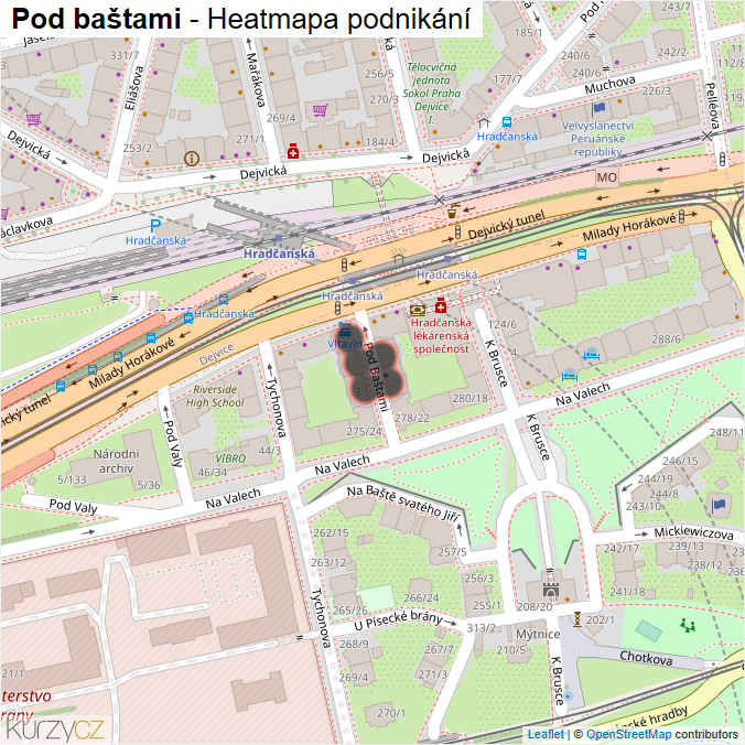 Mapa Pod baštami - Firmy v ulici.