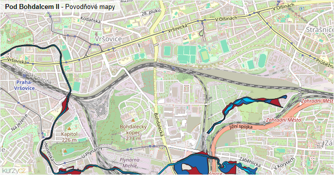 Pod Bohdalcem II - záplavové mapy stoleté vody