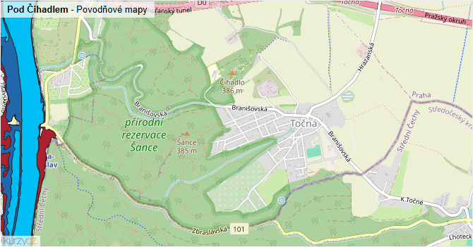 Pod Čihadlem - záplavové mapy stoleté vody
