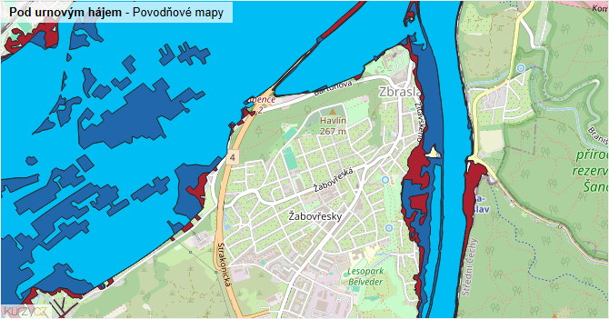 Pod urnovým hájem - záplavové mapy stoleté vody