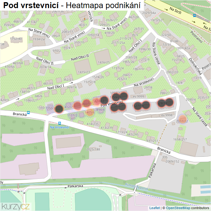 Mapa Pod vrstevnicí - Firmy v ulici.