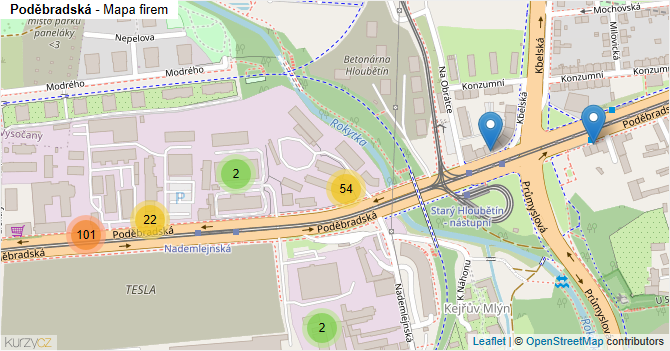Poděbradská - mapa firem