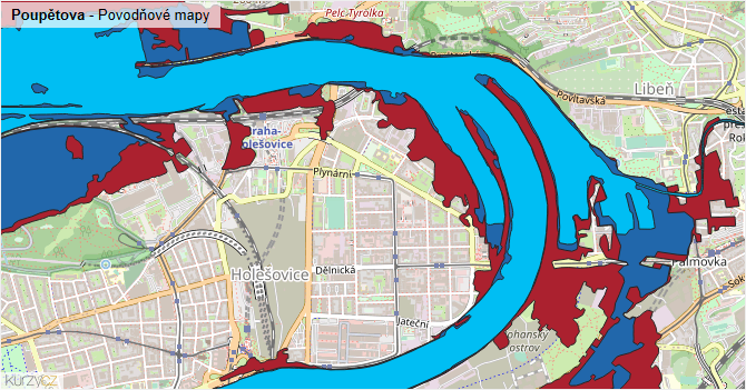 Poupětova - záplavové mapy stoleté vody