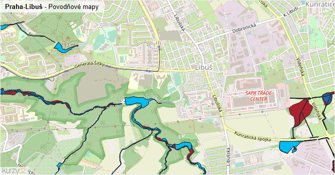 Praha-Libuš - záplavové mapy stoleté vody