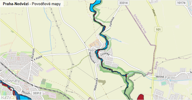Praha-Nedvězí - záplavové mapy stoleté vody