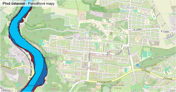 Před ústavem - záplavové mapy stoleté vody