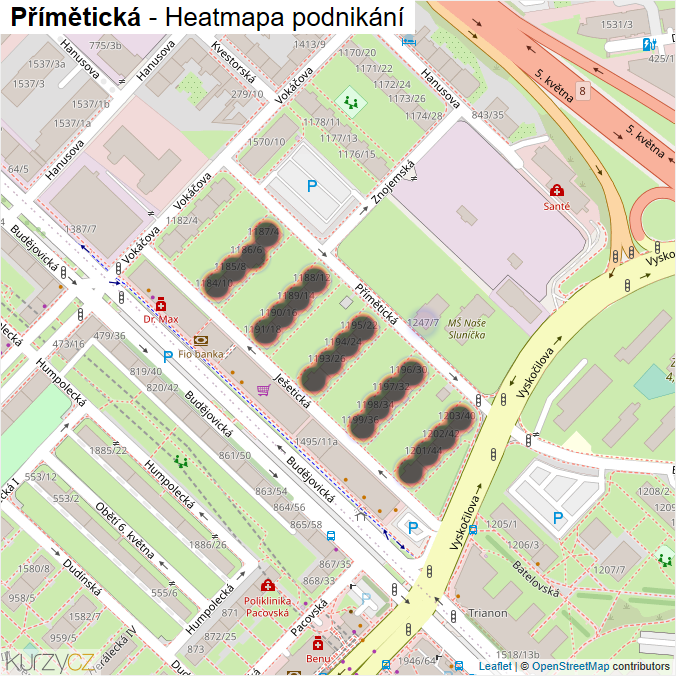 Mapa Přímětická - Firmy v ulici.