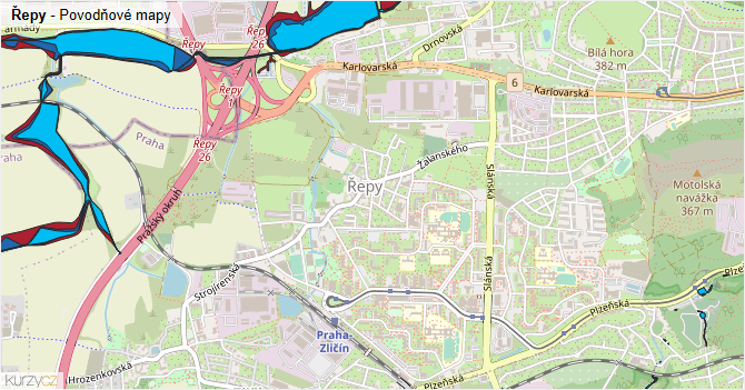 Řepy - záplavové mapy stoleté vody