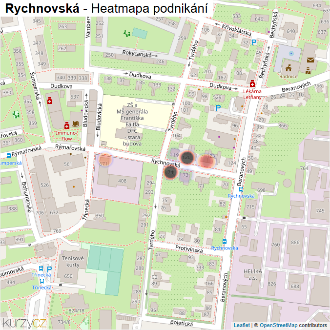 Mapa Rychnovská - Firmy v ulici.