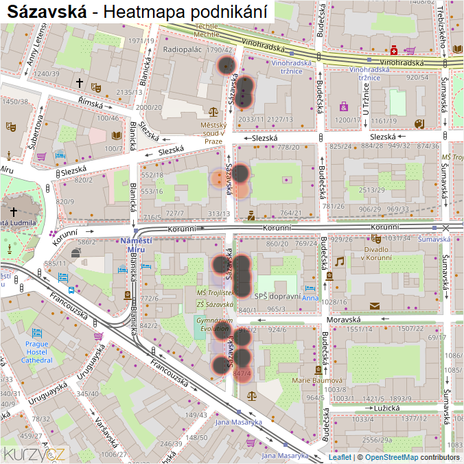 Mapa Sázavská - Firmy v ulici.