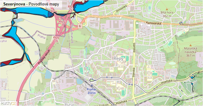 Severýnova - záplavové mapy stoleté vody