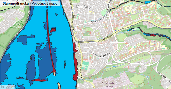 Staromodřanská - záplavové mapy stoleté vody