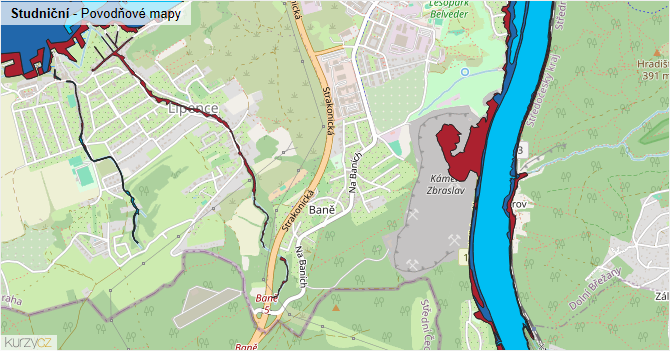 Studniční - záplavové mapy stoleté vody
