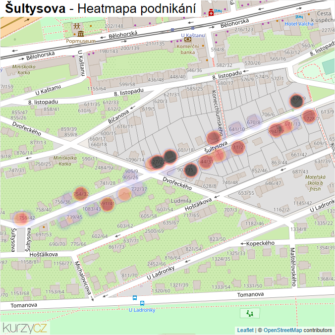 Mapa Šultysova - Firmy v ulici.