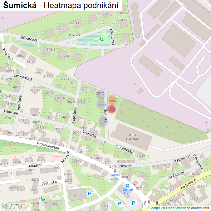 Mapa Šumická - Firmy v ulici.