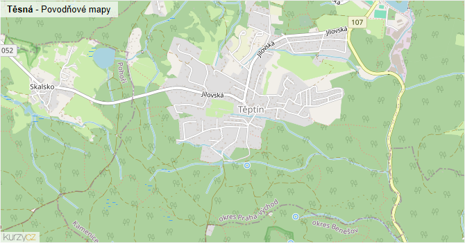 Těsná - záplavové mapy stoleté vody