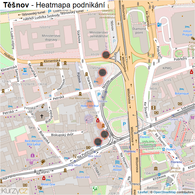 Mapa Těšnov - Firmy v ulici.