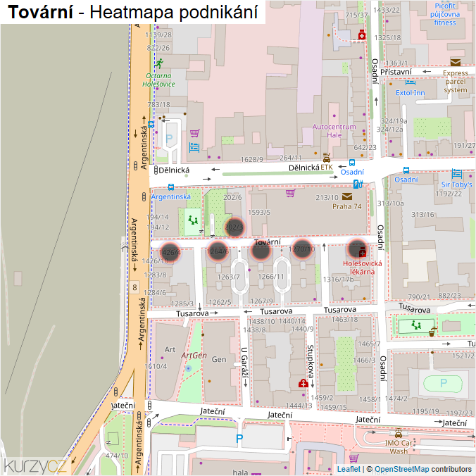 Mapa Tovární - Firmy v ulici.