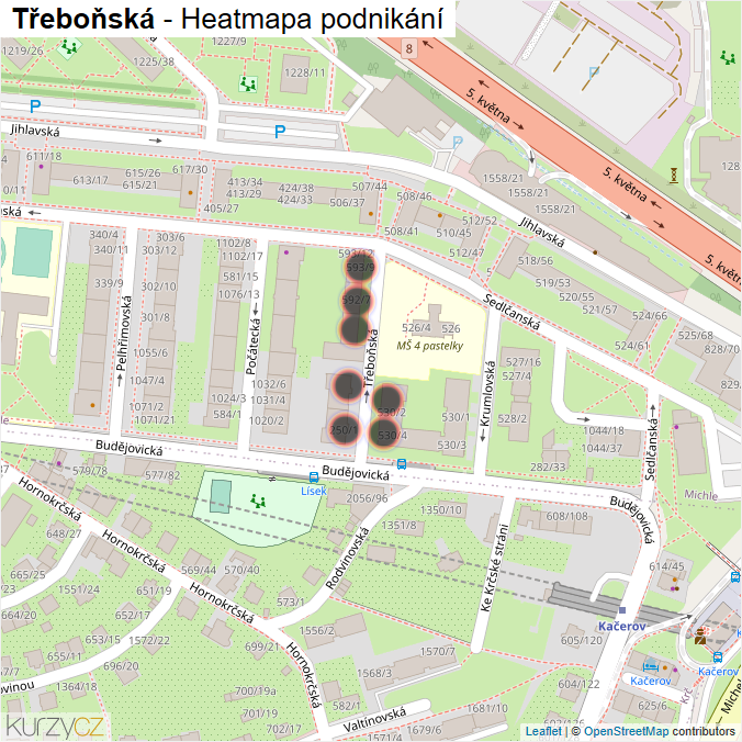Mapa Třeboňská - Firmy v ulici.