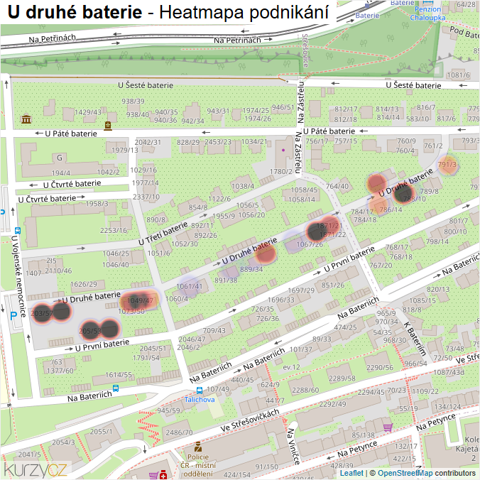 Mapa U druhé baterie - Firmy v ulici.